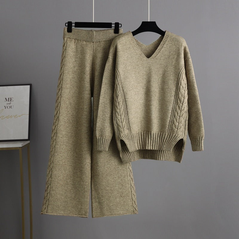 Knitted wide-leg pants and sweater suit for women, new autumn style Korean style loose temperament two-piece set