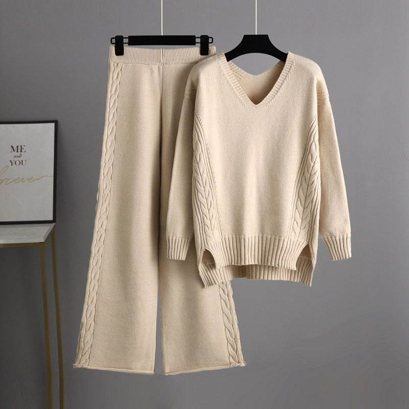 Knitted wide-leg pants and sweater suit for women, new autumn style Korean style loose temperament two-piece set