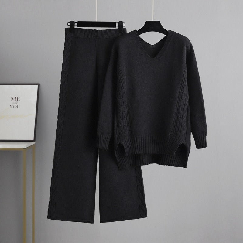 Knitted wide-leg pants and sweater suit for women, new autumn style Korean style loose temperament two-piece set
