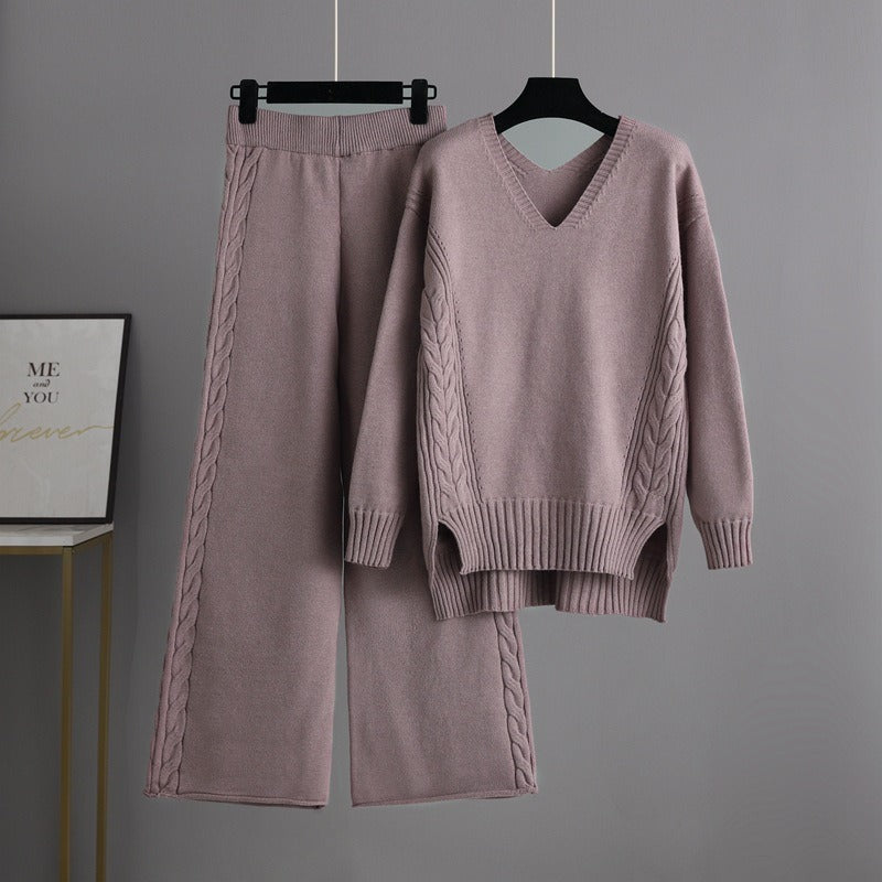 Knitted wide-leg pants and sweater suit for women, new autumn style Korean style loose temperament two-piece set