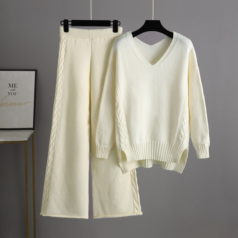 Knitted wide-leg pants and sweater suit for women, new autumn style Korean style loose temperament two-piece set