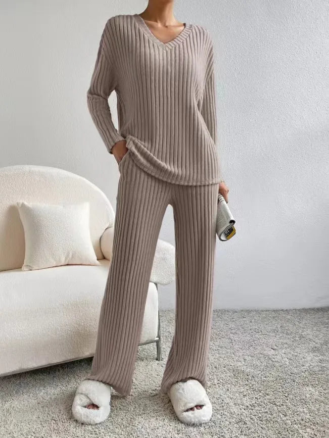V-Neck Wide Leg Knit Set