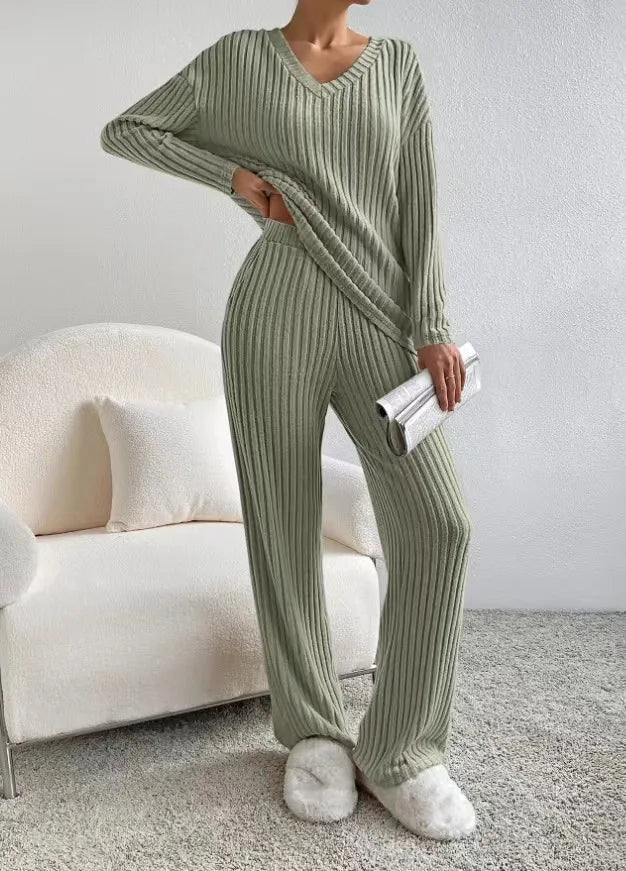 V-Neck Wide Leg Knit Set