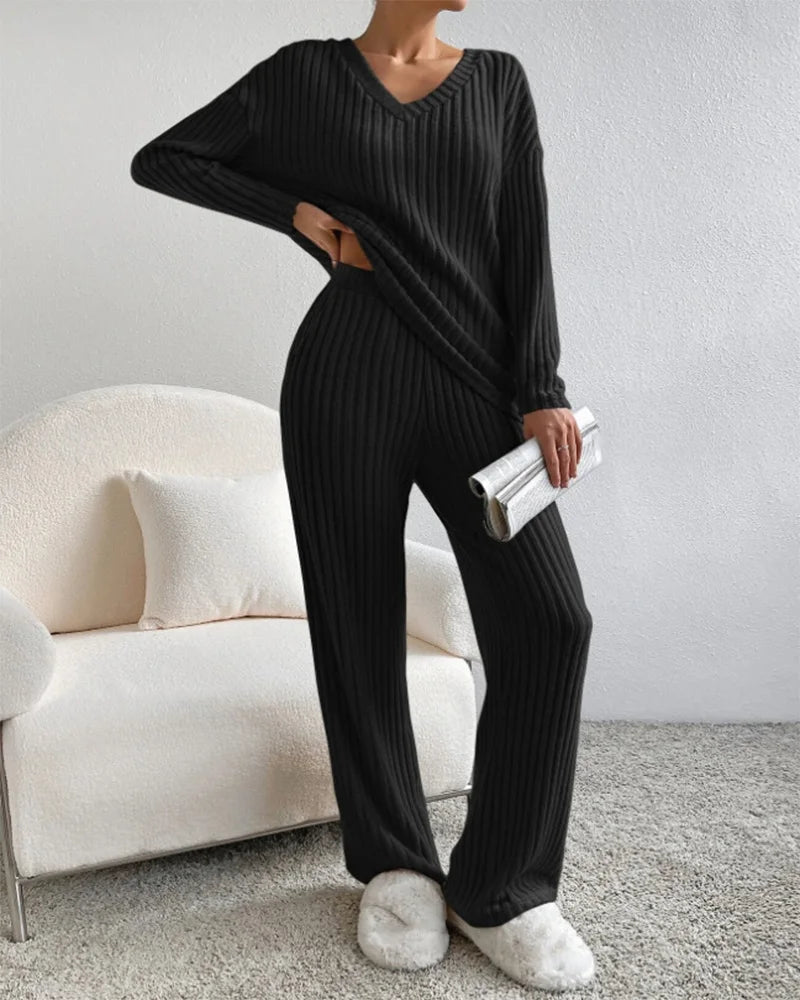 V-Neck Wide Leg Knit Set