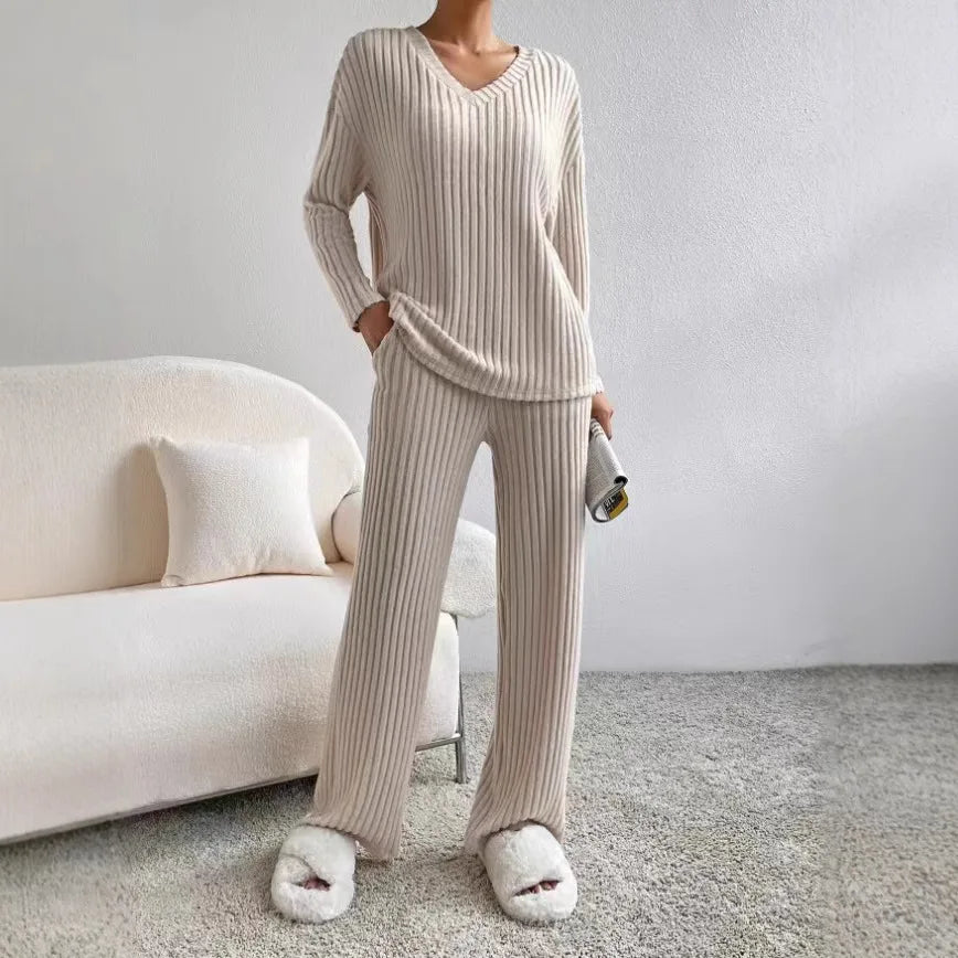 V-Neck Wide Leg Knit Set